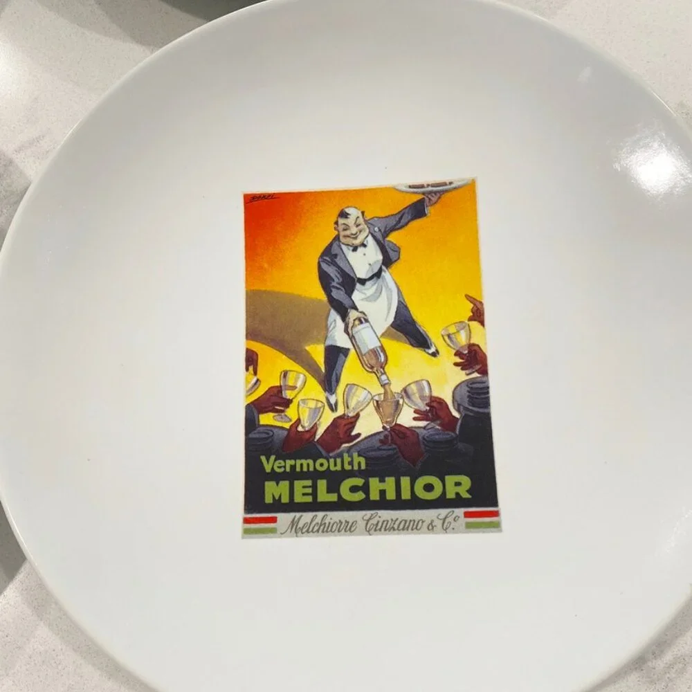 Pottery Barn  VINTAGE POSTERS Set of 4 Plates Canape Cocktail 8"  Appetizer - Picture 5 of 8